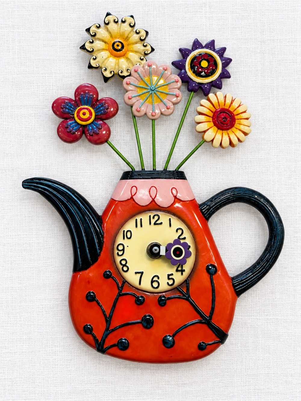 Whimsical Colourful Floral Teapot Wall Clock – 13" Retro Kitchen Decor